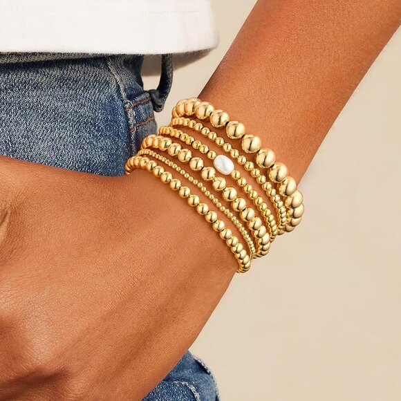 Women's 14k Real Gold Plated Trendy Beaded Stack Adjustable Pearl Bracelet Set - Picture 4 of 7